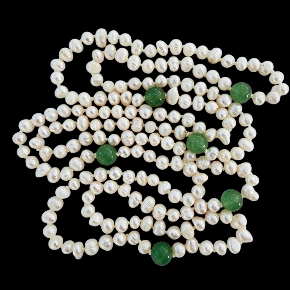 Extra long pearl necklace with green apple quartz hand knotted pearls L511 -Q5